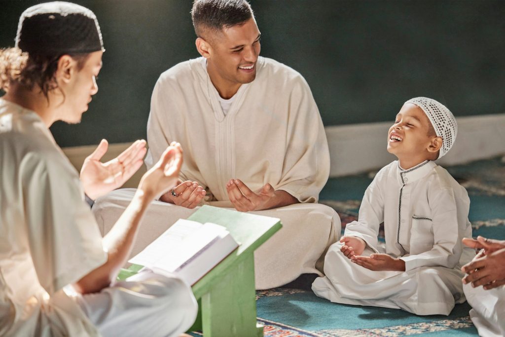 Muslim child, mosque and quran with teacher for spiritual learning, development or growth on carpet